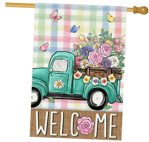 Welcome Spring House Flag Truck with Floral Decorative Double 28 x 40 Inch HHJ LLG