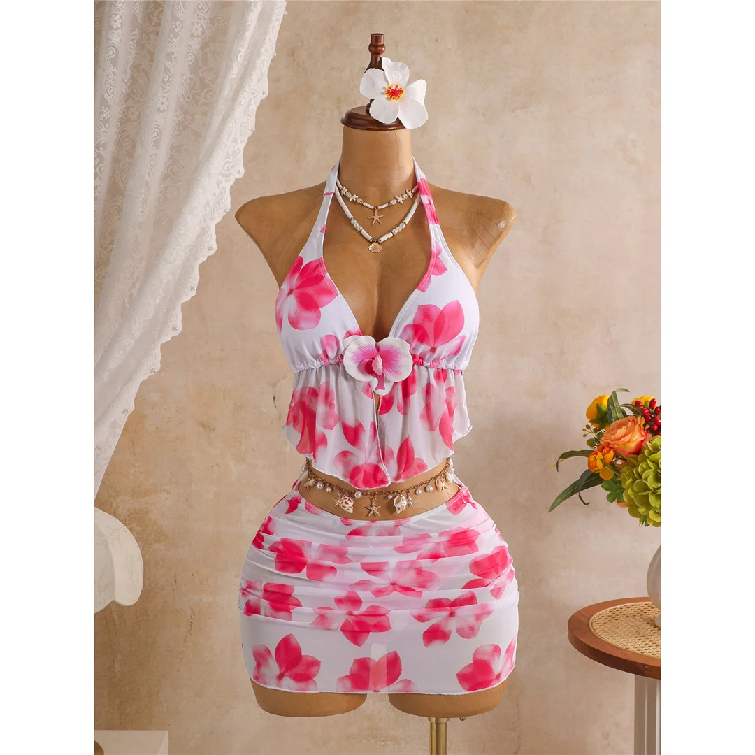 3D-Blumenmuster mit Rock, Neckholder-Bikini, Damen-Badeanzug, dreiteiliges Bikini-Set, Badebekleidung, Badeanzug, Schwimmbekleidung V8422 – Detail 6