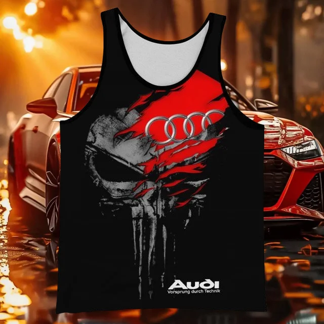 

2025 new summer hot-selling Audi quattro3D printed men's vest breathable casual fashion cool quick-drying MOTO vest black skull