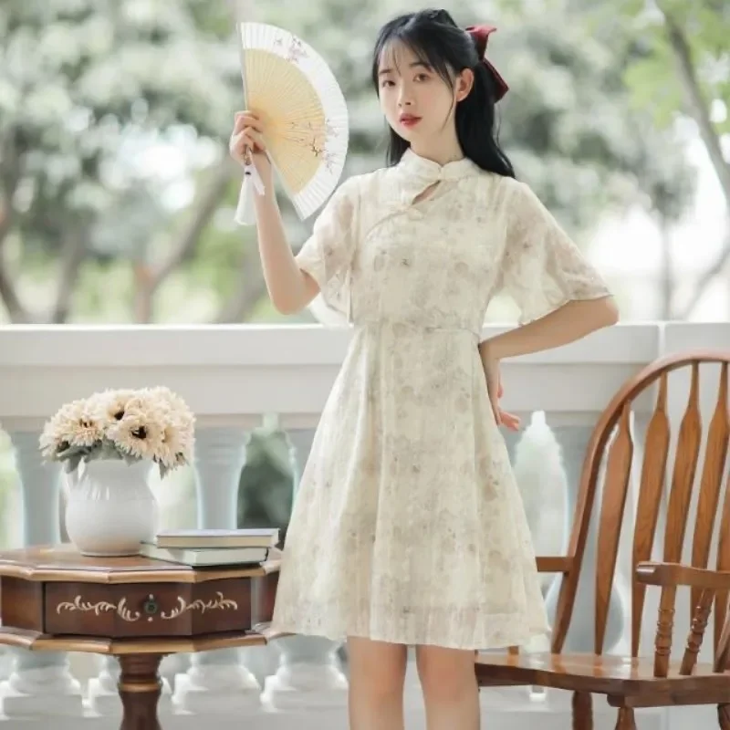 Summer Women Chiffon Improved Cheongsam Elegant Chinese Traditional A-Line Short Sleeve Party Dresses