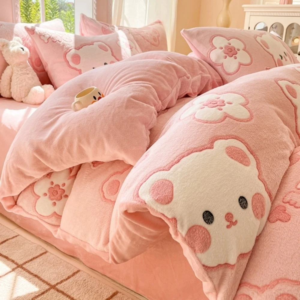 

Cartoon Printed Duvet Cover Set for Kids Winter Double Sided Plush Bedding Set with Quilt Cover Bedsheet Pillowcase Queen King