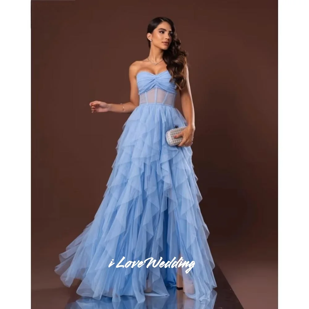 

Blue Strapless Evening Dress 2025 Tulle Sweetheart Sleeveless A-Line Split Multi-Layered Backless Floor-Length Pleated Customize