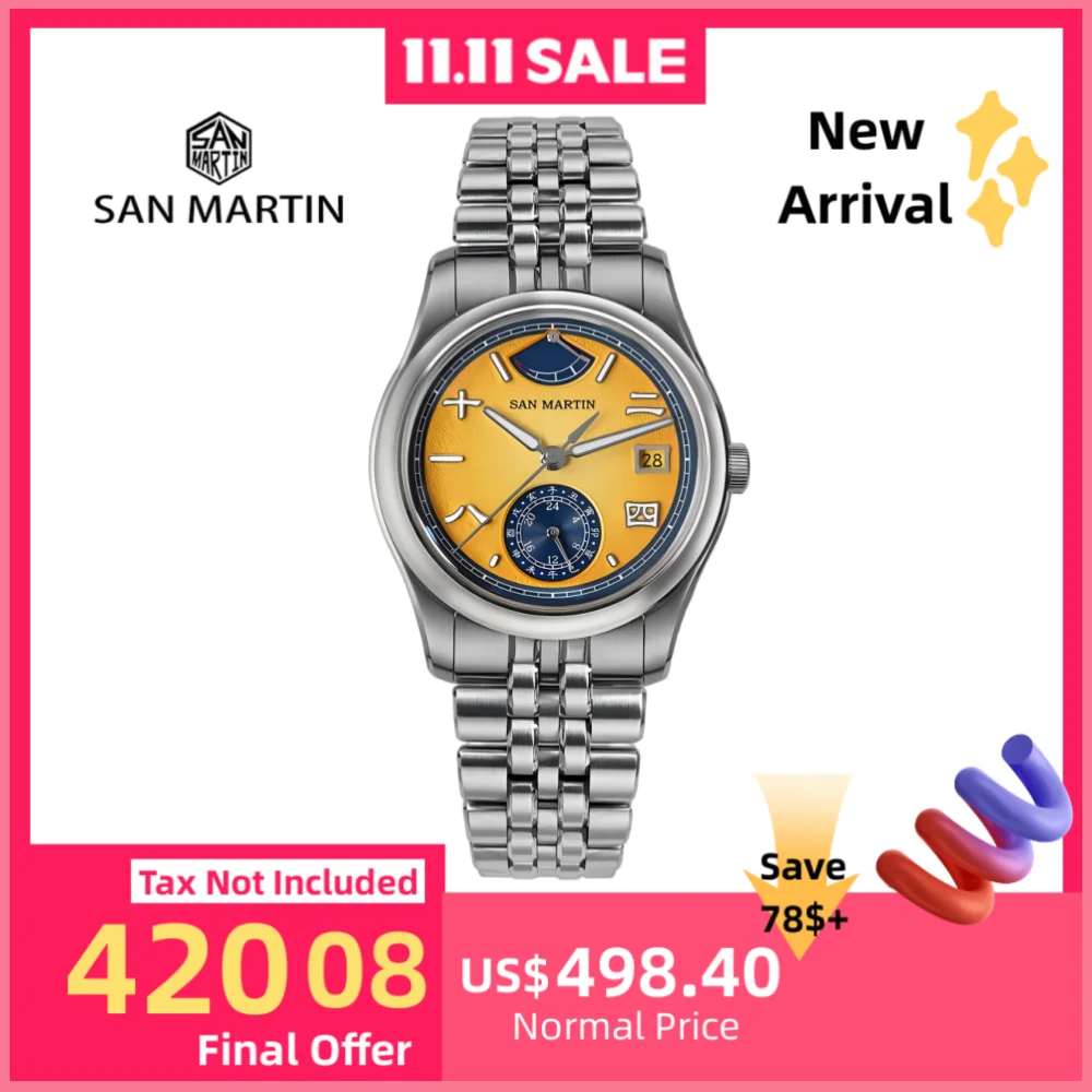 

San Martin 39mm 9132 Chinese Characters Dial Men Watch Mechanical Elegant Bubble Sapphire 5-Link Bracelet BGW-X1 SN0144DG