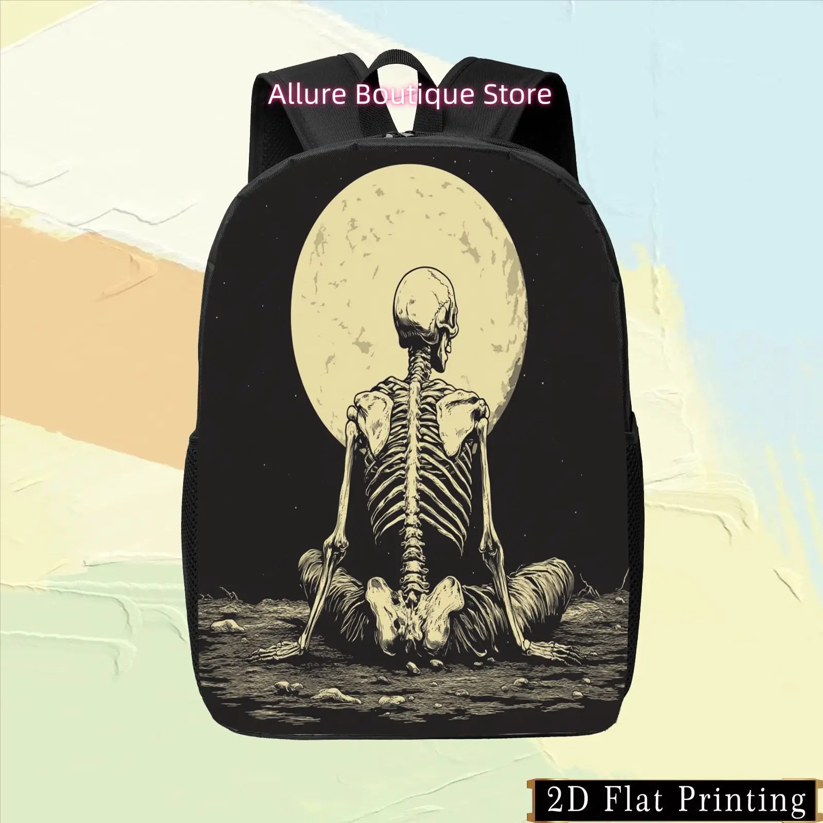 1pc Colorful Single-Sided Print Student Backpack, Black Skull Moon Print Hand-Wash Zipper Shoulder Bag, Multi-Purpose Design wit
