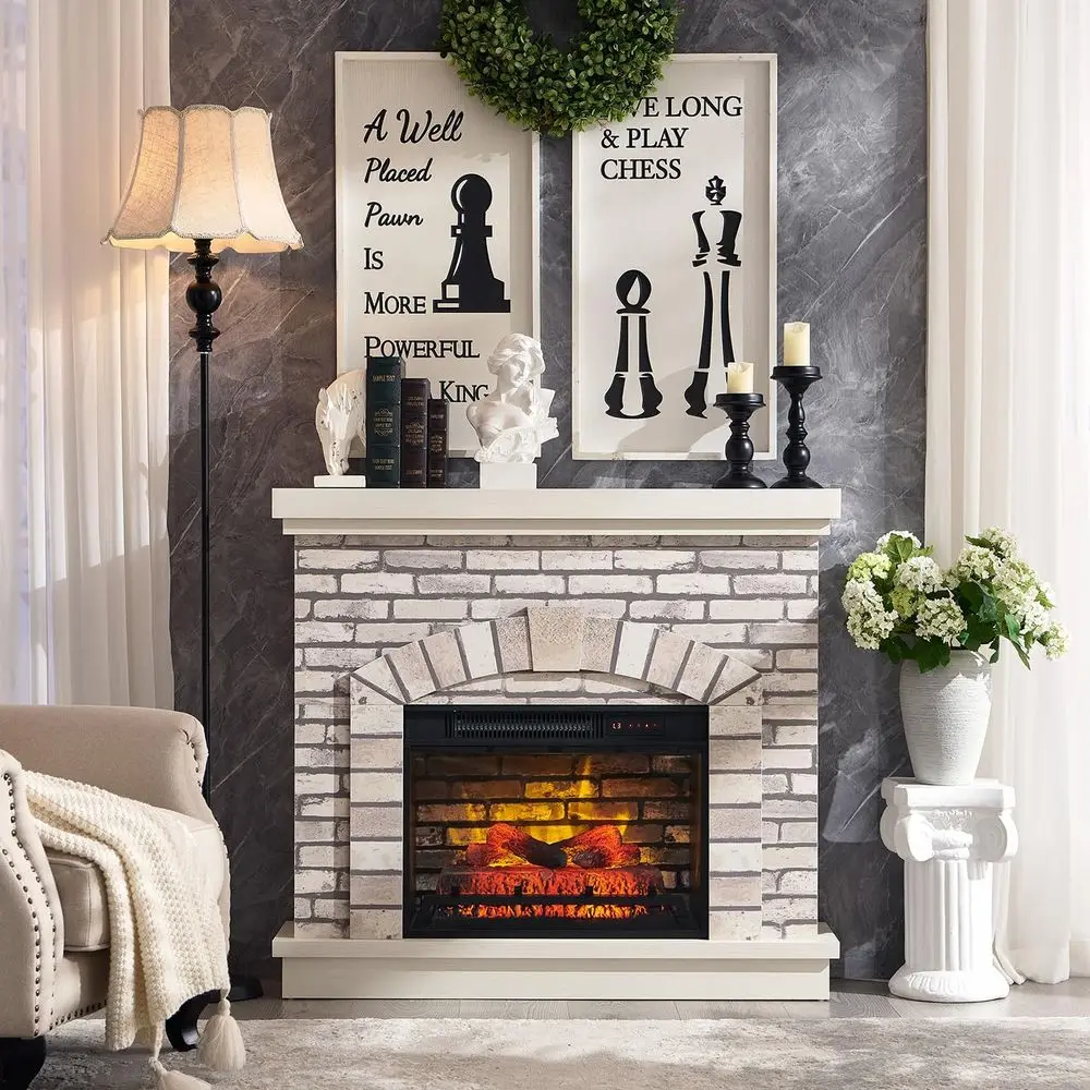

42 Inch Antique White Farmhouse Style Electric Fireplace with Mantel and 23 Inch Heater, Remote Control, Adjustable 3D Flames fo