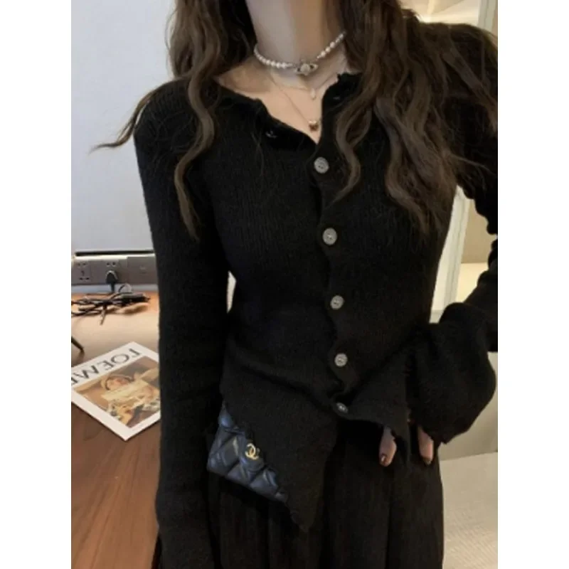 Y2k Grey Vintage Women Kint Sweater Harajuku Long Sleeve Cardigan Irregular Korean Fashion Slim Autumn Jerseys Casual