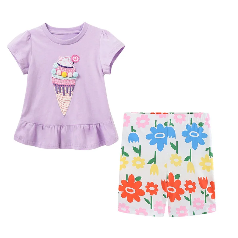 Ice Cream Embroidery 2 Pcs Sets Tshirts+Shorts Cute Children'S Clothing Sets Fashion Style Kids Suit Toddler Baby Clothes