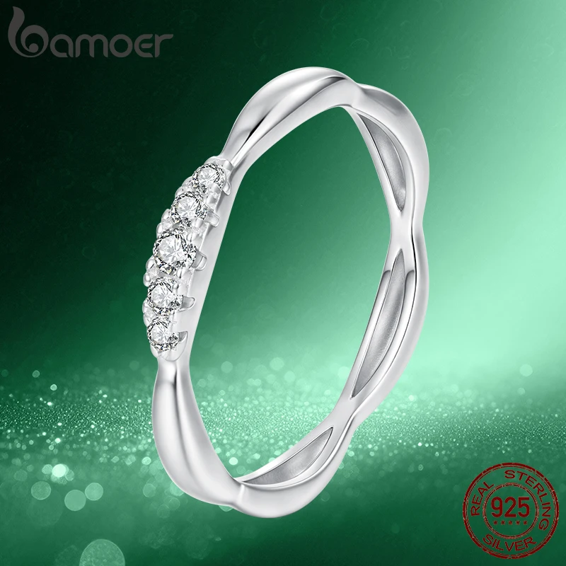 خاتم مويسانيتي ملتوي من BAMOER خاتم شريطي منحني قابل للتكديس مع خط مختبر الماس 925 فضة D اللون VVS1 هدية عيد الميلاد للسيدات