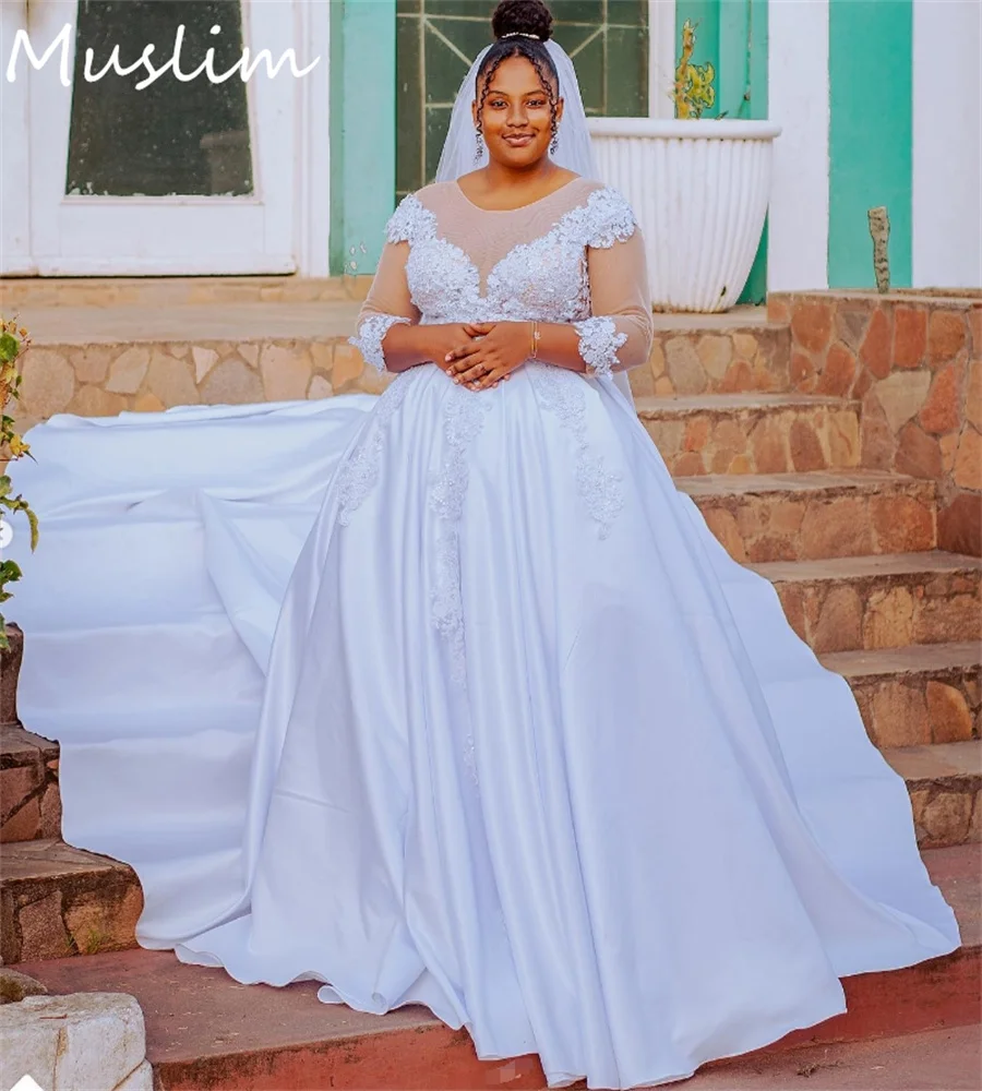 

Plus Size African Wedding Dresses Bridal Gowns Sheer Neck Long Sleeve A Line Country Bride Dress Appliques Lace Customized