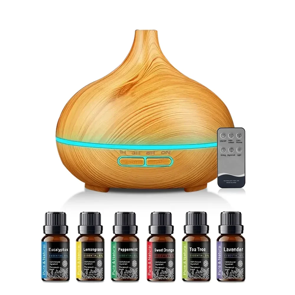 

550ml Ultrasonic Aroma Diffuser & Air Humidifier with Essential Oil Diffuser, Wood Grain Aromatherapy Machine, Remote Control, 7