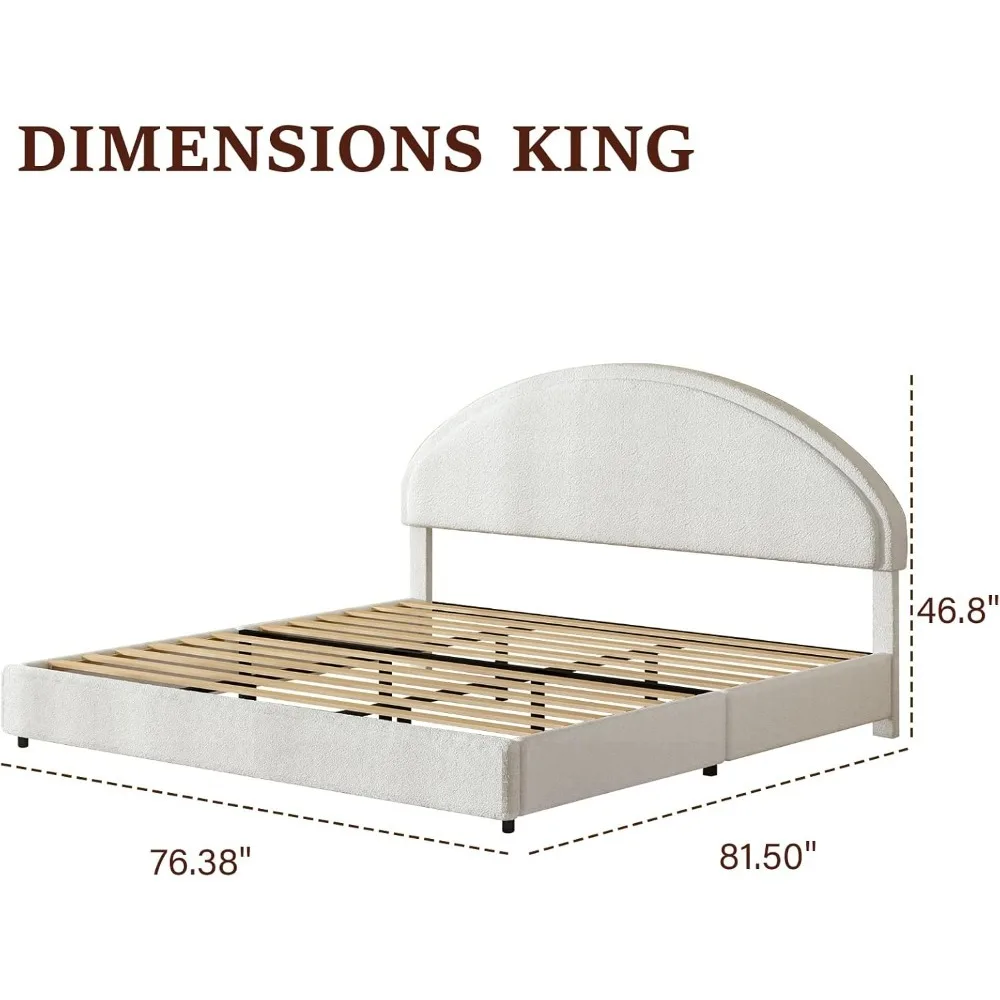 Estructura de cama extra grande con plataforma acolchada suave, estilo moderno, cabecero circular arqueado