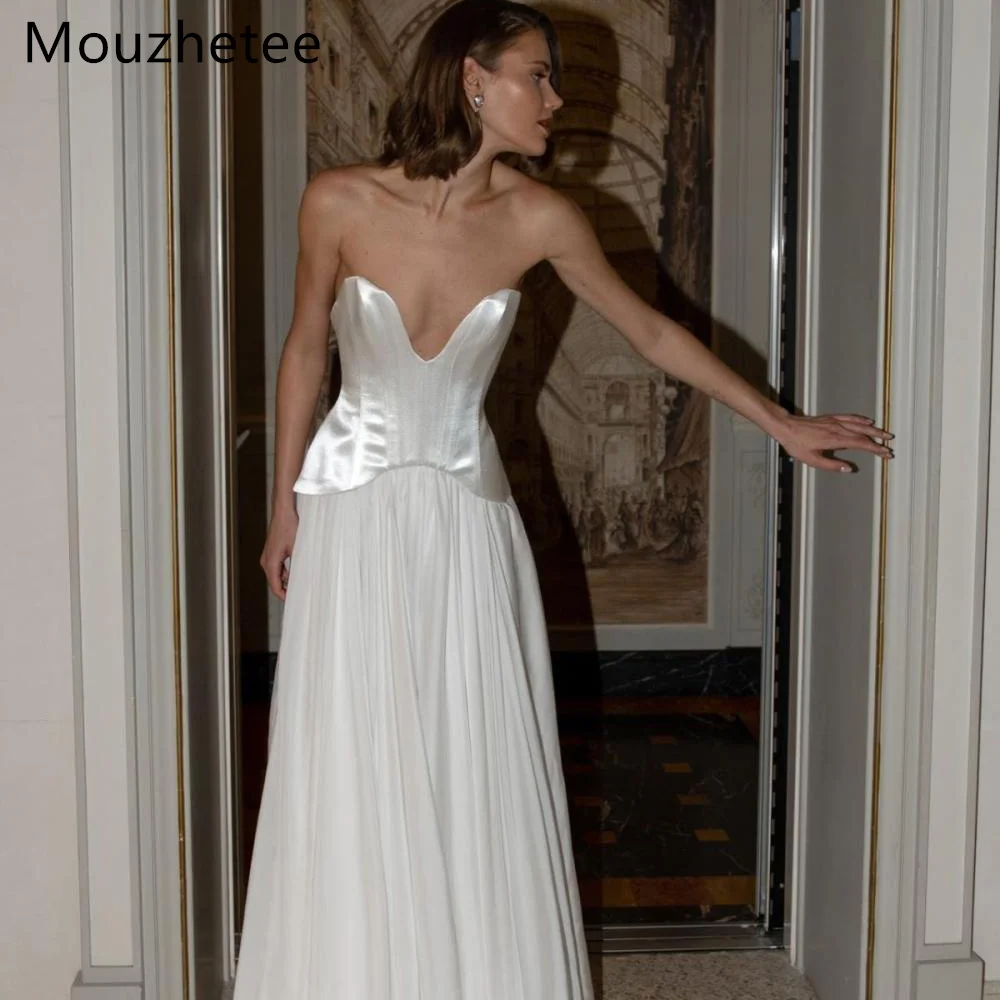 

Mouzhetee A-Line Elegant Strapless Pleat Satin Wedding Dresses Simple Sleeveless Brides Gown Custom Made 2026