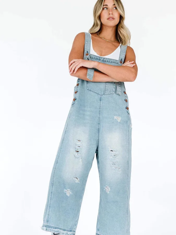 Macacão jeans de perna larga feminino vintage desbotado buraco cintura alta calças de perna reta casual faion primavera verão outono