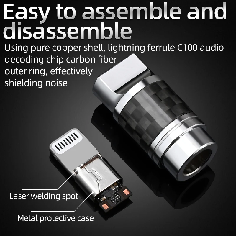 ATAUDIO HiFi Lightning Connector Spina in rame puro di fascia alta con anello esterno in fibra di carbonio per cavo audio per auricolari fai-da-te