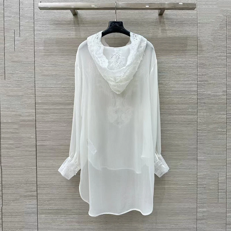 Women's lace splicing silk blouse, water-soluble flower embroidery blouse, sunscreen hooded shirt, 100% Mulberry Silk, 2025, New