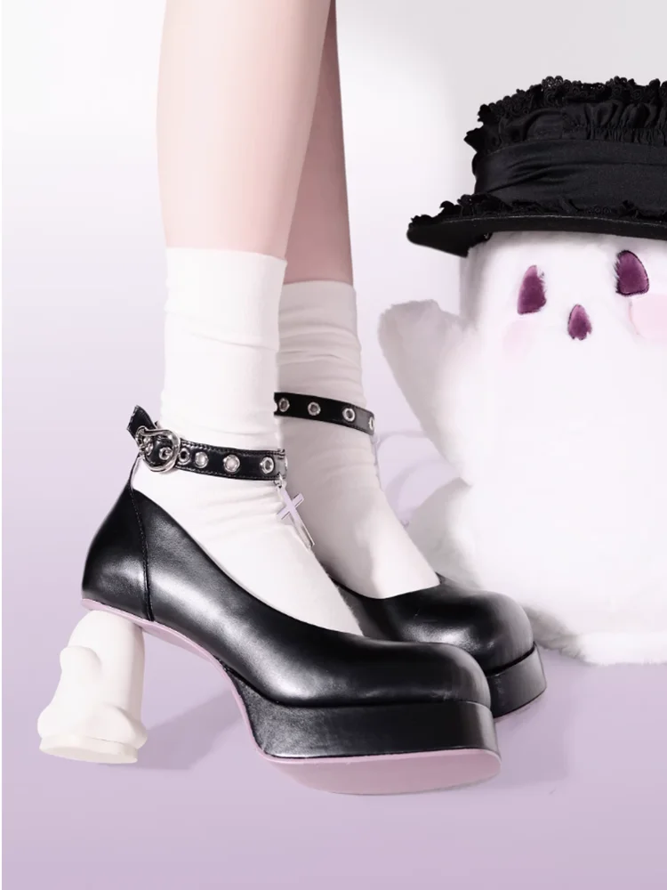 GURURU oryginalny Y2K subkulturowy Punk Ghost obcasy Lorita buty Cos Loli wysokie obcasy 5-8cm buty z zaokrąglonym czubkiem PU