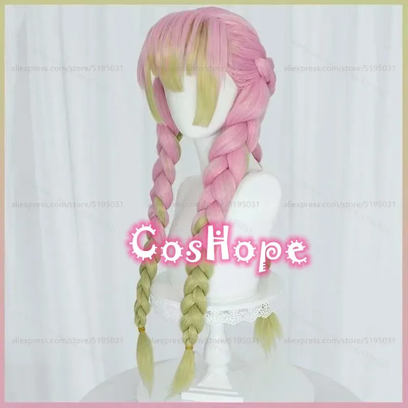 Mitsuri Kanroji Cosplay-Perücke, 80 cm lang, vorgeflochten, rosa, grün, geschichtet, Farbverlaufsperücke, Cosplay, Anime, hitzebeständige synthetische Perücken