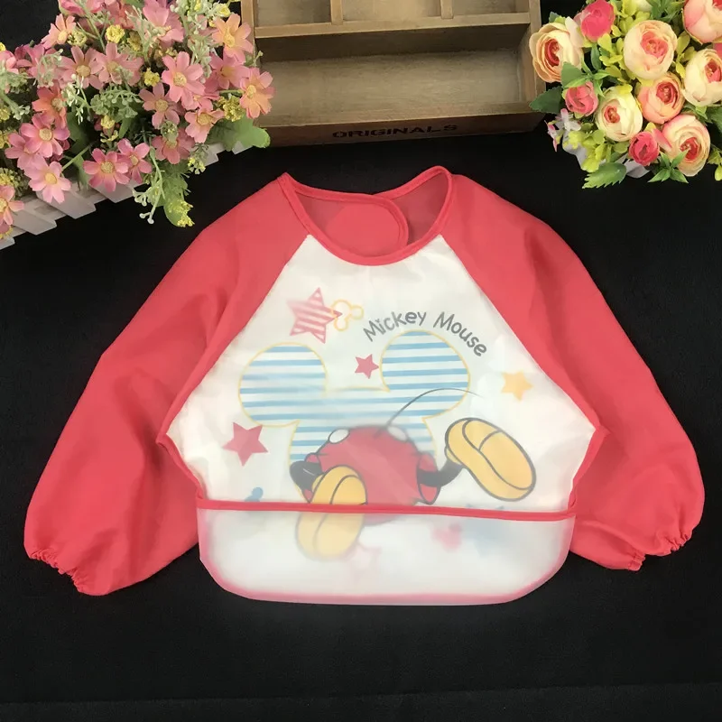 EVA bib Mickey Minnie Children\'s Cute Spring Bib Long-sleeved Blouse Waterproof  Dirt-proof Baby Eating Cartoon Bib Disney