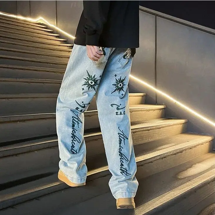 American high street vintage printed jeans men's women's fashion brand drop feeling casual loose leg straight leg pants