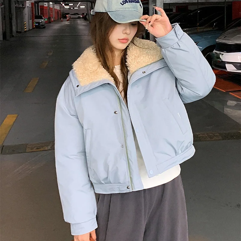 Faux Wool Lamb Collar Parkas Women Fashion Zipper Up Short Parka Jacket Woman Winter Thicken Warm High Quality Parkas Female