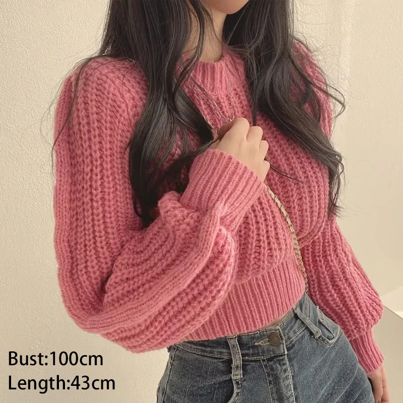 

Повседневный однотонный короткий свитер, элегантный теплый женский трикотаж, осень-зима 202, женский вязаный пуловер с круглым вырезом и рукавами-фонариками