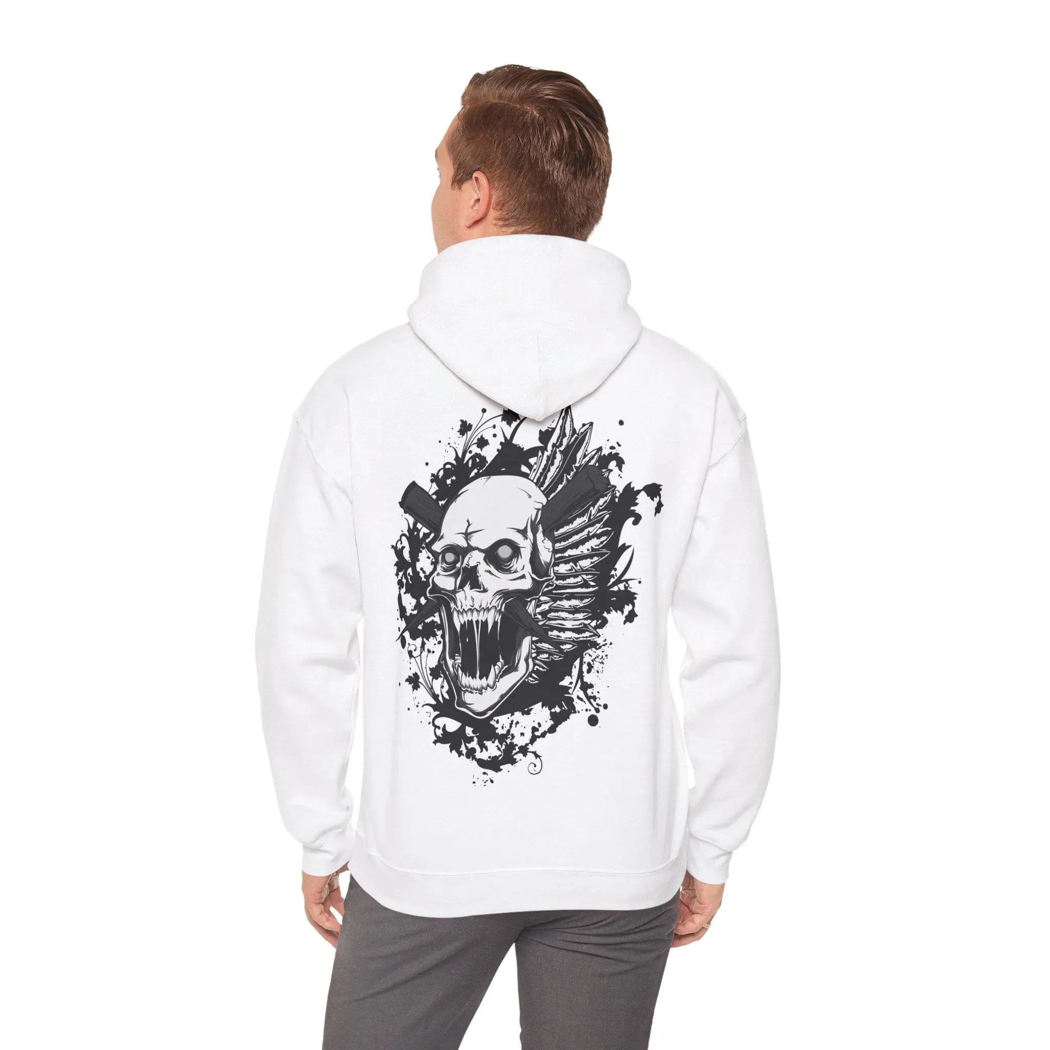

Skull Feather Graphic Cotton Hoodie Make A Statement with This Hoodie Showcasing A Skull and Feather Graphic Splatter Accents