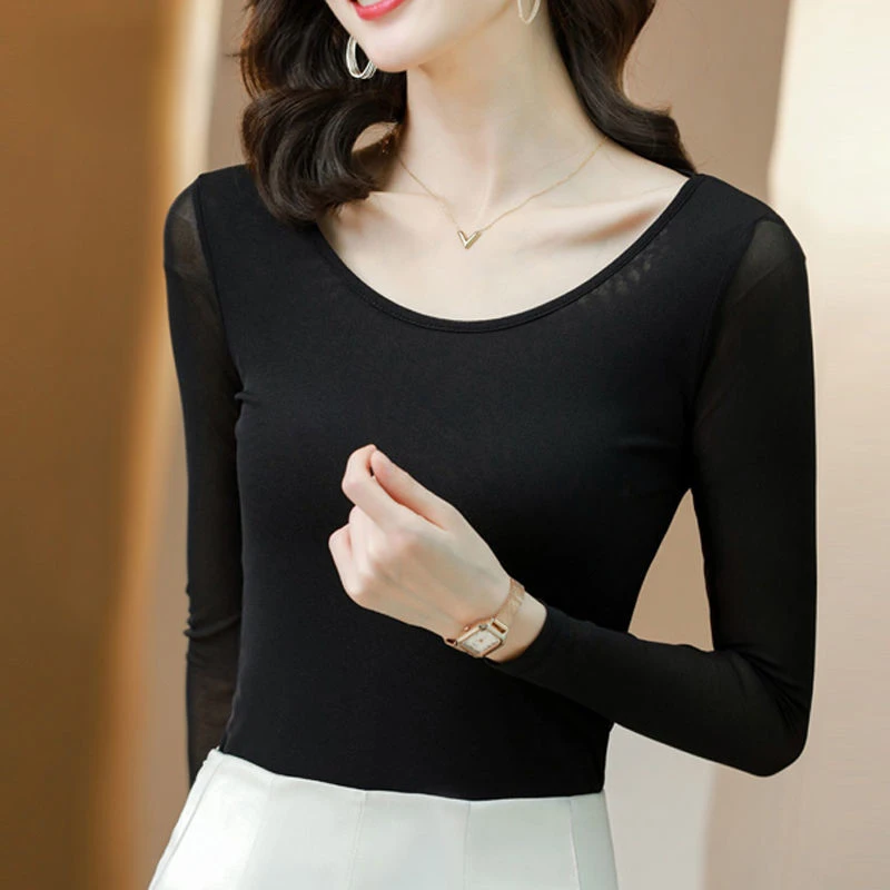 M-4XL Mesh Bottoming T-shirt New Round Neck Long-sleeved Blouse Top Women's Clothing
