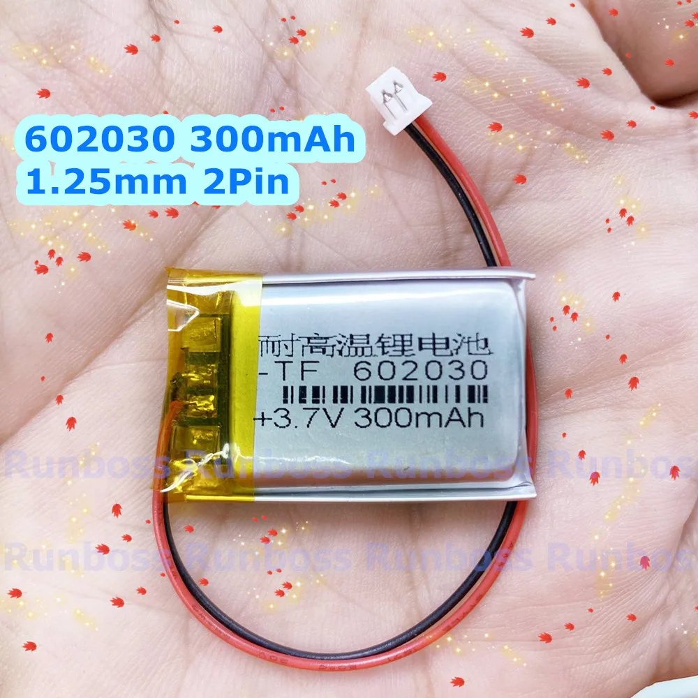 602030 300mAh 1.25mm 2P Plug Lithium Polymer Battery For MP3 MP4 PAD DVD E-books Bluetooth Speaker Headset Camera LED Lights
