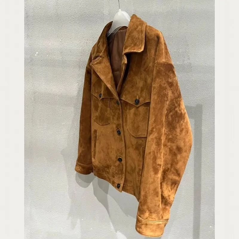 Giacca in pelle di agnello naturale per donna 100% vera pelle scamosciata tasche retrò marrone cappotto da donna maniche lunghe Chaquetas Mujer