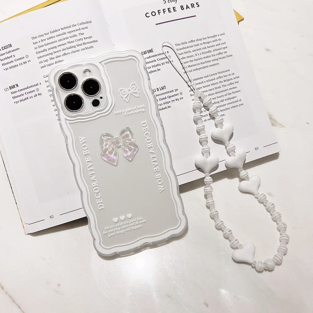 Koreanische 3D-Kristall-Bowknot-Telefonhülle für iPhone 16 15 14 13 Pro Max mit Kettenarmband, transparente, stoßfeste Schutzhülle