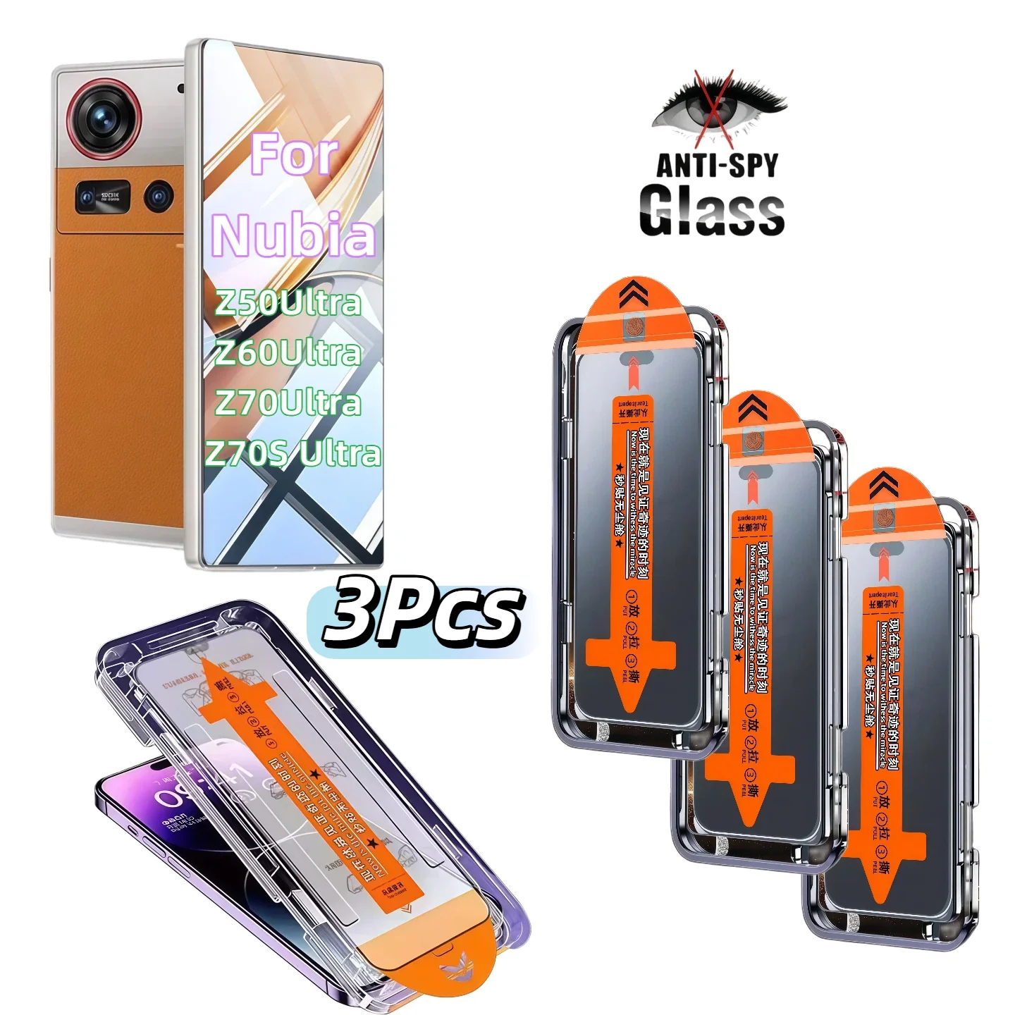 Paquete de 3 protectores de pantalla de privacidad para ZTE Nubia Z50 Ultra/Z60 Ultra/Z70 Ultra/Z70S Ultra, vidrio templado con dureza 9H. Burbuja-