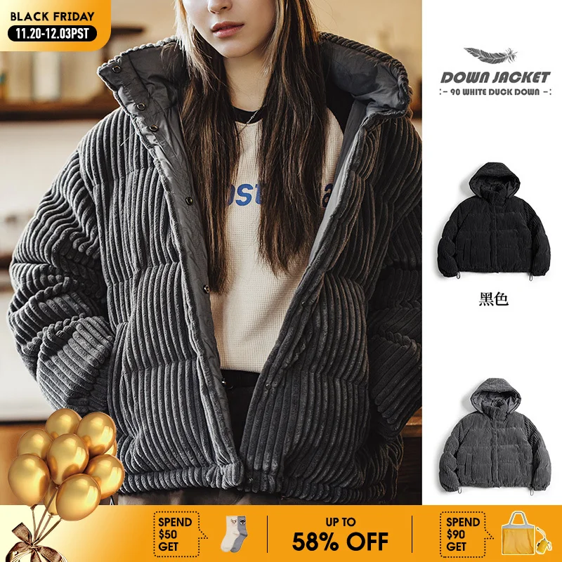 

Maden Women's American Vintage Corduroy Detachable Hooded Down Coat White Duck Down Warm Jacket Coat Winter