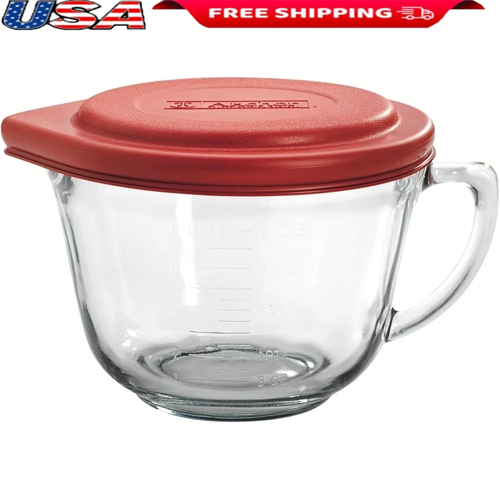 

2 Quart Glass Mixing Bowl with Red Lid Durable Easy Pouring Measuring Lines Dishwasher Safe American Made Kitchen Essential