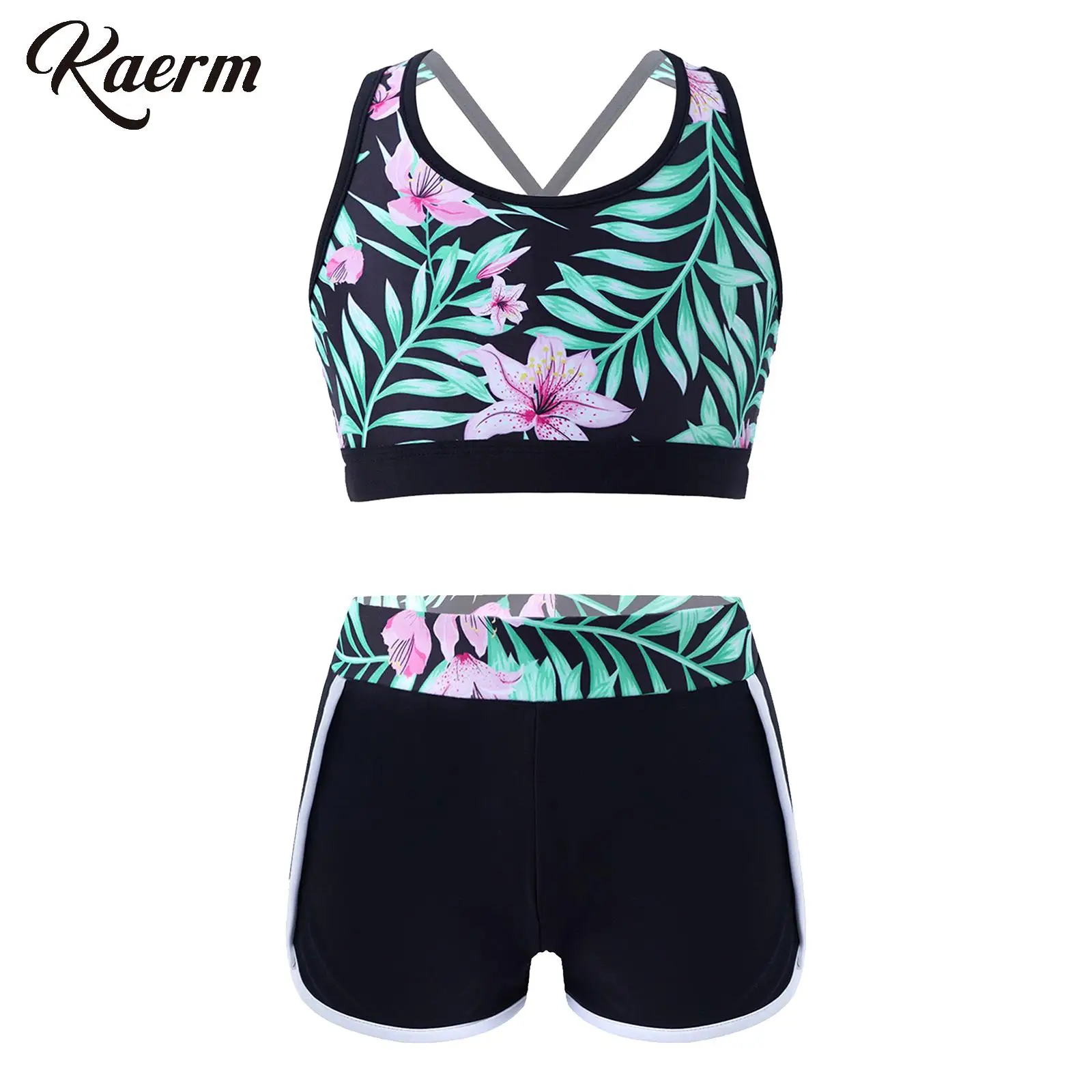 

2 Pcs Gymanstics Dance Swim Outfit for Girls Digital Printed Crisscross Back Sports Bra with Booty Shorts Tumbling Bodysuit