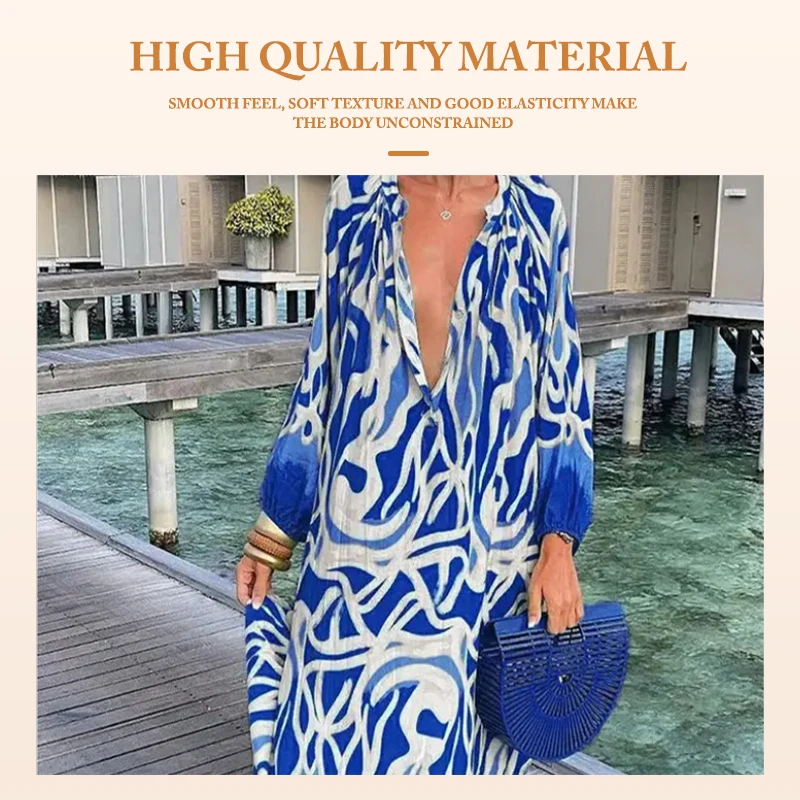 Women\'s autumn fashion V-neck sexy loose long sleeved printed dress