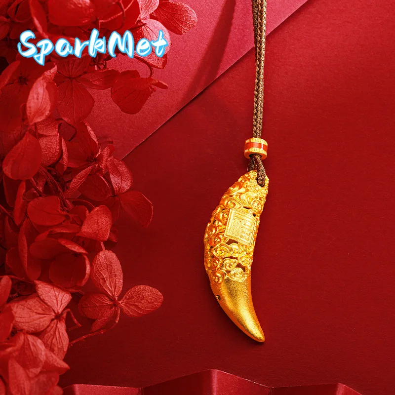 

Sparkmet 9999 24K Real Gold Koi Pendant Micro Inlaid Divine Beast Compass Hollow Wolf Teeth Necklace