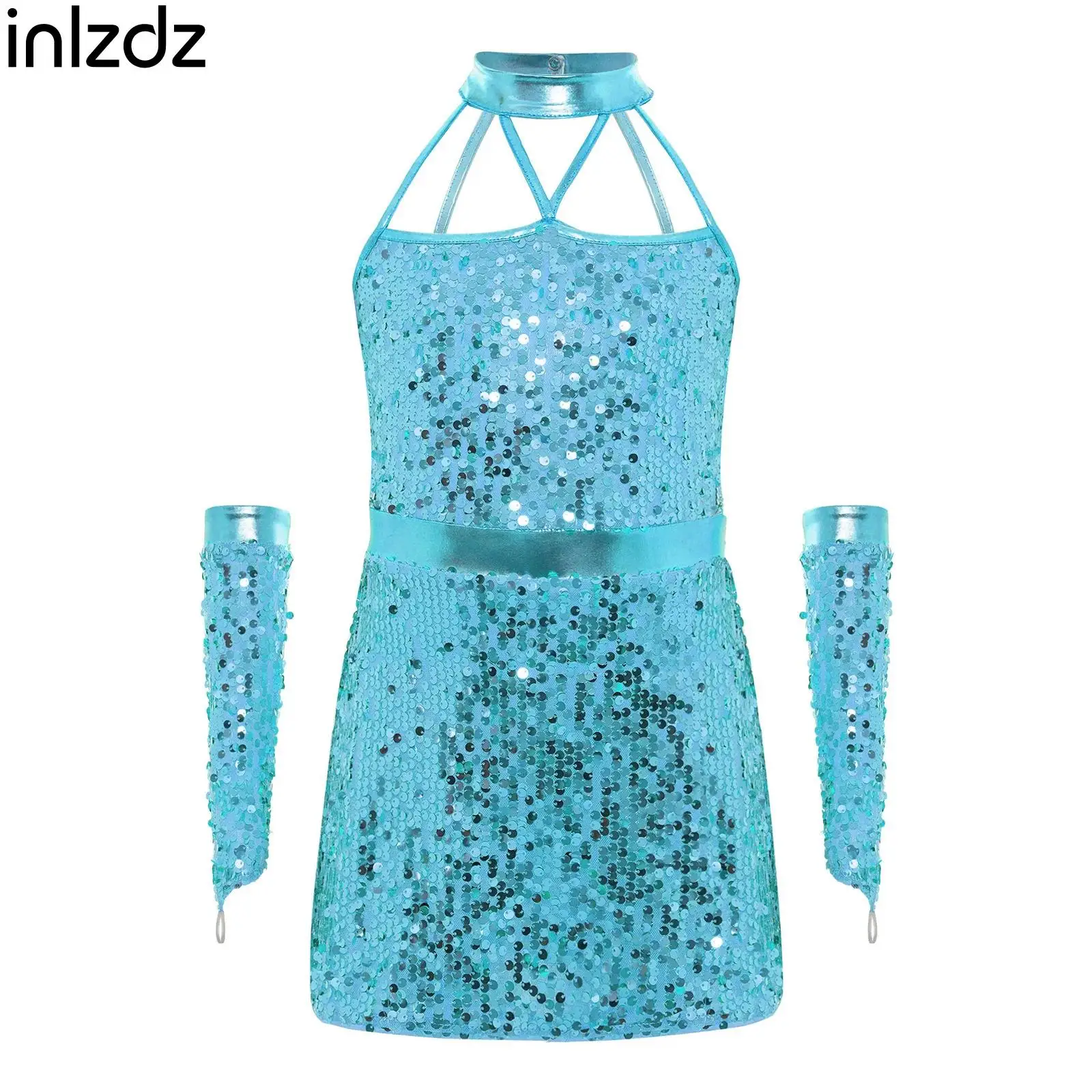 

Новый детский наряд для джазовых танцев для девочек, платье без рукавов с лямками на бретельках и блестками + перчатки, комплект для катания на коньках, латинской чачи, самбы