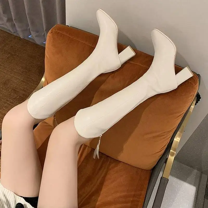 Women's White Knee-high Boots Autumn/winter High-heeled Long Boots British Style Comfortable Anti Slip Knight Boots for Women