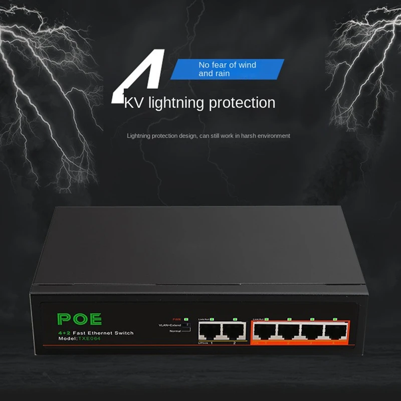 6 Ports POE Switch 4-Poe+2 UP-Link 100Mbps Fast Ethernet Network Home Network Hub Adapter Series Power Connect