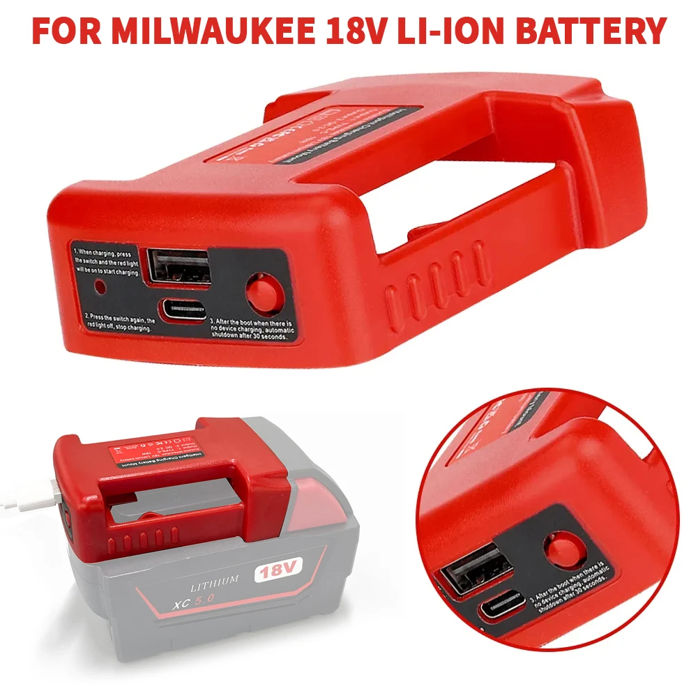 USB Fast Charger Rack for Milwaukee 18V Li-ion Battery Portable Battery Holder Adapter with USB and Type-C Output Fast Charging