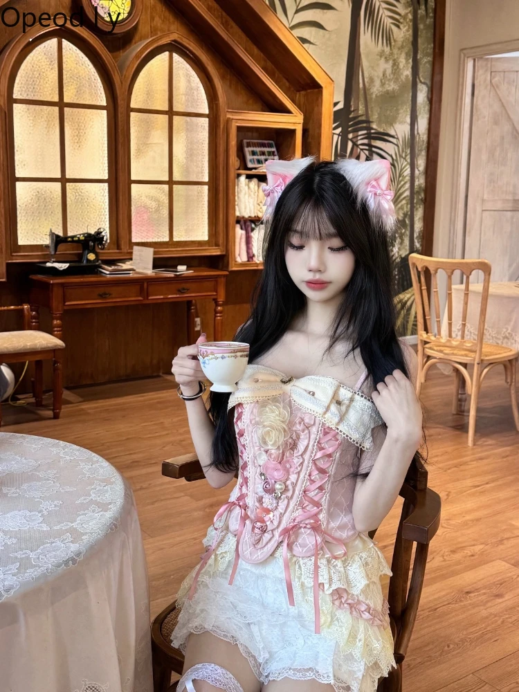 

Japanese Original Lolita Elegant Fairy Bow Strap Lace Top Sweet Wind Princess Wind Waist Thin Temperament Fluffy Cake Skirt Set
