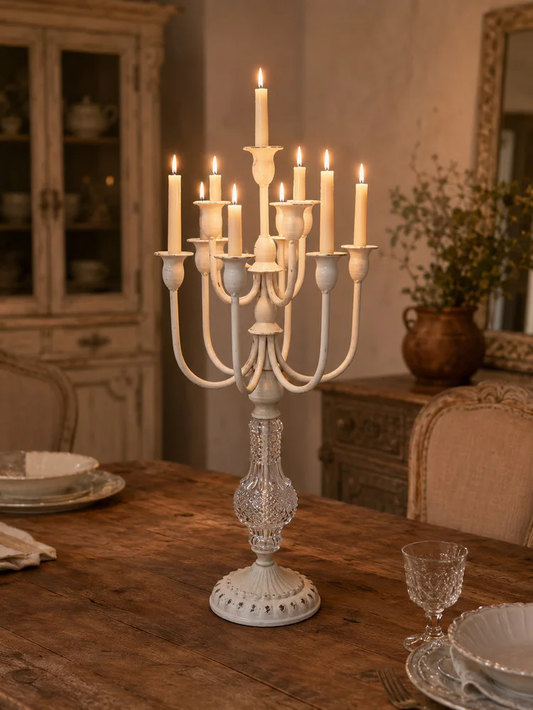 Vintage Distressed Iron Candelabra 10-Arm Tall Taper Candle Holder with Clear Accent for Wedding Dining Table Centerpiece Decor