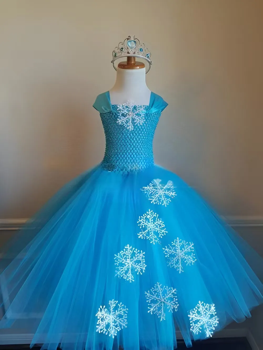 Girls Turquoise Elsa Princess Dress Kids Crochet Tulle Tutu Dress Ball Gown with Crown and Stick Children Party Costume Dresses