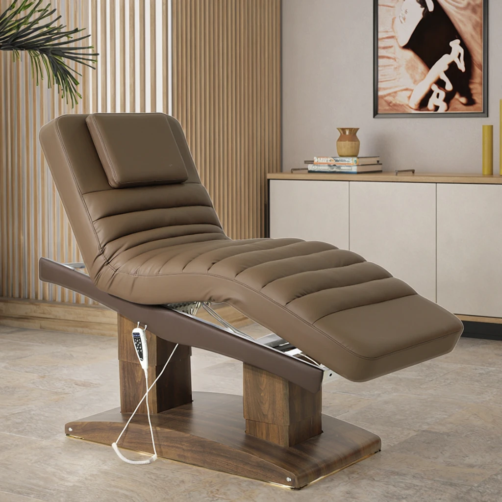 Luxury Wood Grain Base Beauty Salon Massage Table 4 Motors Electric Adjustable Reclining Esthetician Facial Bed with Led Lamp