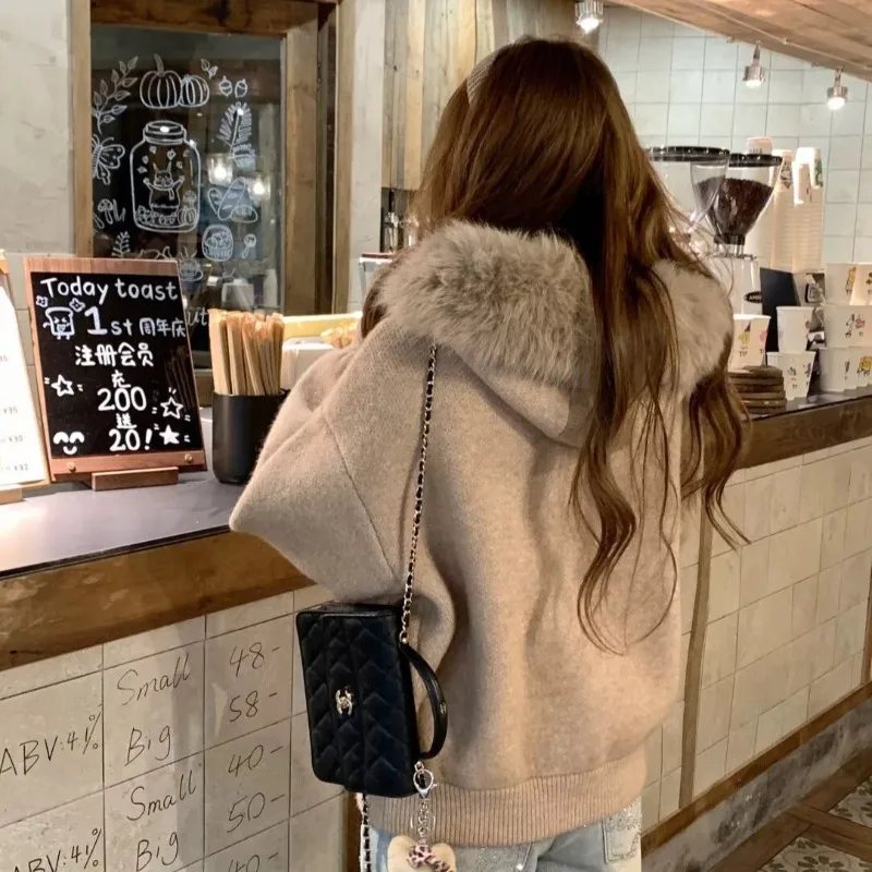 

Women's Thick Knitted Double Zipper Cardigan with Fur Collar Lantern Sleeve Warm Coat Jacket Soft Skin-friendly Sweater Outwear