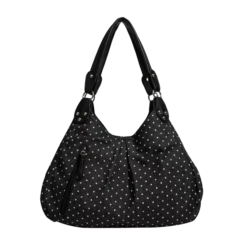 

Black Polka Dot Fashionable Shoulder Bag for Women Vintage Korean Style Large Capacity Tote Bags Versatile Casual Messenger Bag