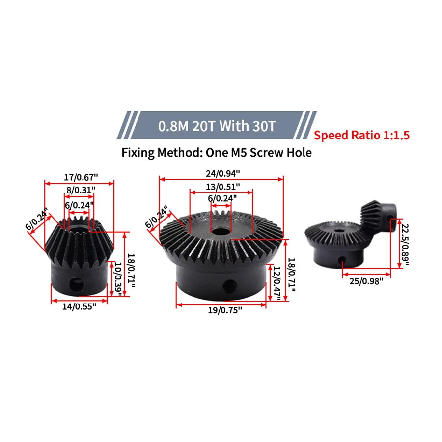 Bevel Gear 0.8M 15T:30T 20T:30T 20T:40T 45# Steel 90 Degrees Drive Commutation Steel Gears Steel Gears 0.8 Modulus Pinion