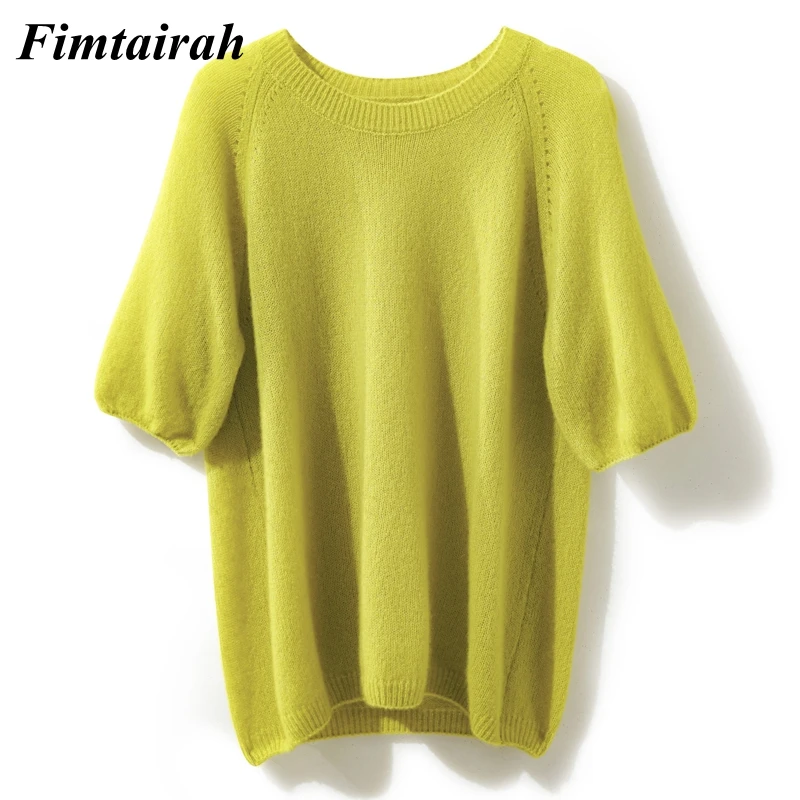 سترة نسائية من الكشمير ، بأكمام قصيرة ، تي شيرت فضفاض محبوك ، رقبة مستديرة ، بلوزة ، تي شيرت ، حرير التوت ، من Fimtairah