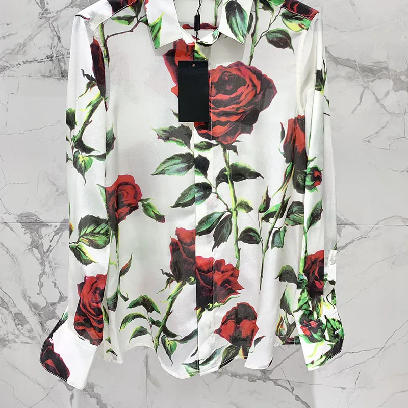 

Female Flowers Print Loose Blouses Fashion Single Breasted Lapel Long Sleeve Silk Shirts For Women Holiday Style Streetwear Tops