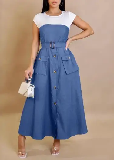 

2025 Elegant Women's Casual Short - Sleeve Maxi Dress, Color - Block Style, Belted & Pocketed, Perfect for Leisure Time